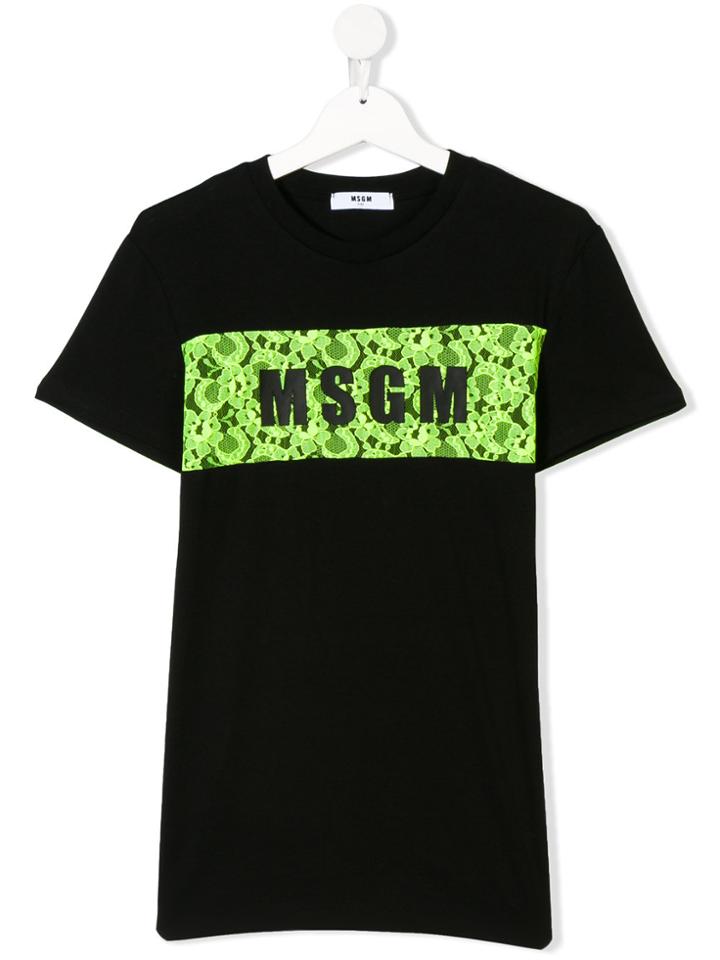 Msgm Kids Lace Insert Logo T-shirt - Black