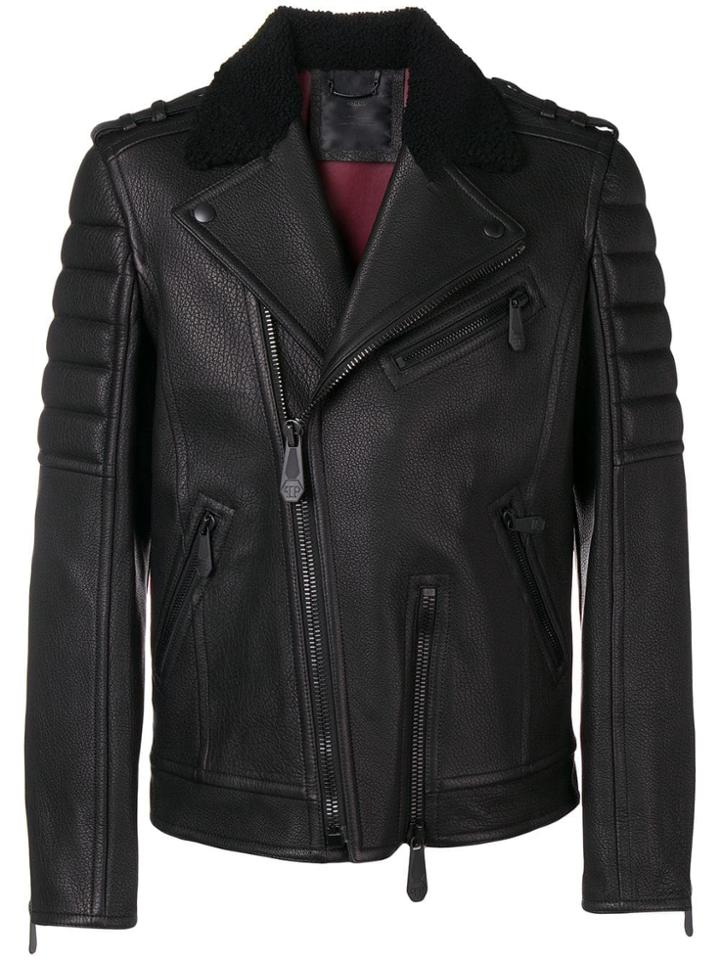Philipp Plein Biker Jacket With Shearling Collar - Black