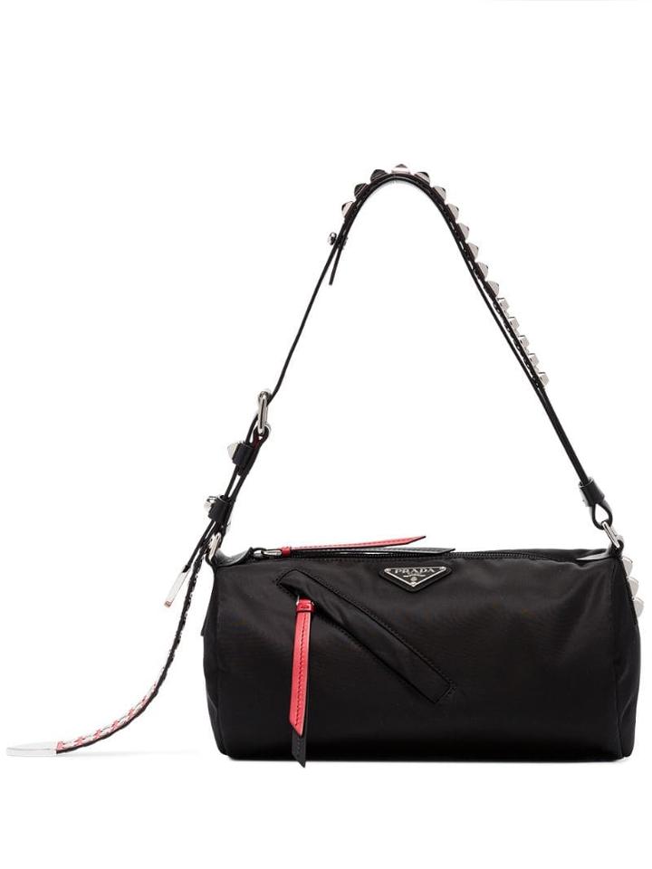 Prada Vela Studded Strap Shoulder Bag - Black