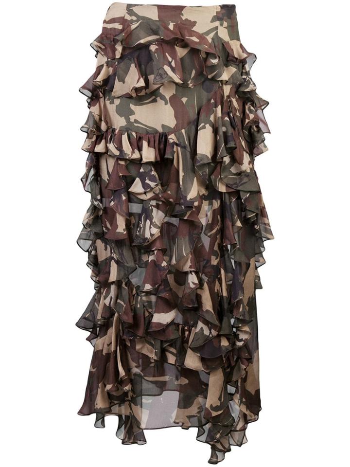 Preen By Thornton Bregazzi Camouflage Print Ruffled Skirt - Brown