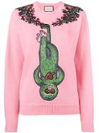 Gucci - Monkey Embroidered Jumper - Women - Polyester/viscose/wool - Xs, Pink/purple, Polyester/viscose/wool