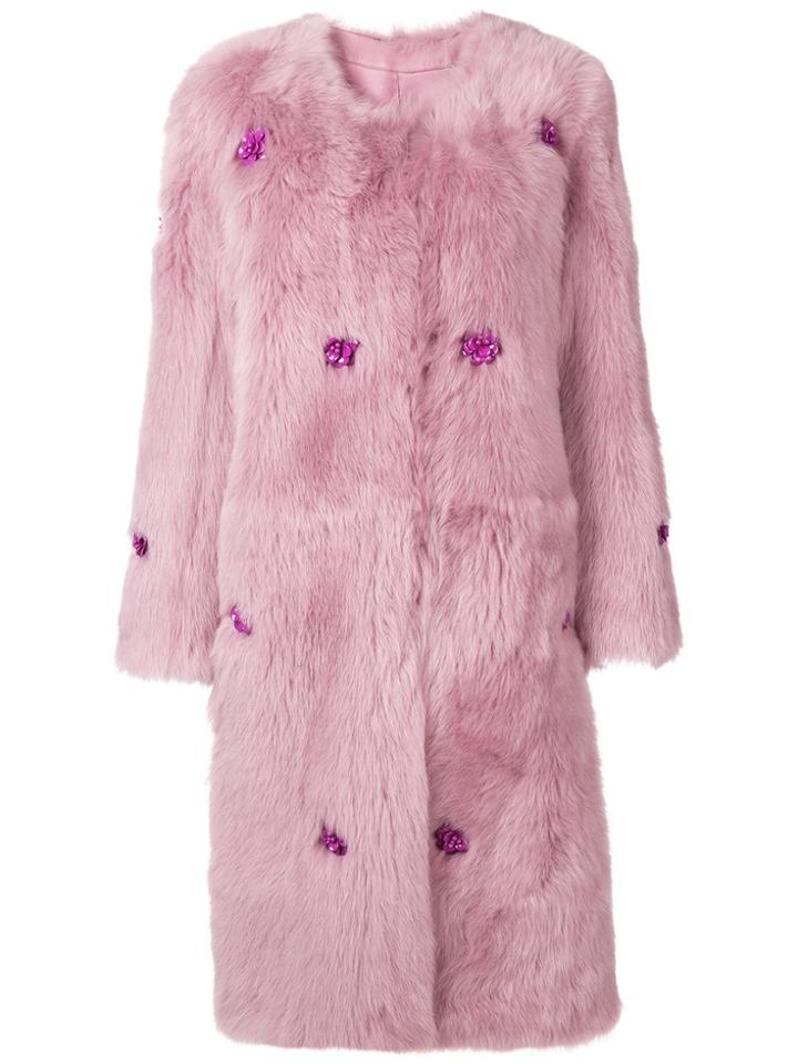 Liska Floral Embellished Loose Coat - Pink & Purple