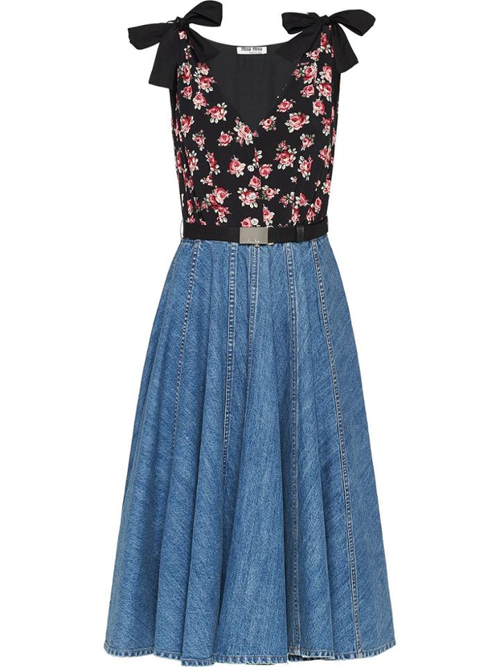 Miu Miu Floral-print Pleated Dress - Blue