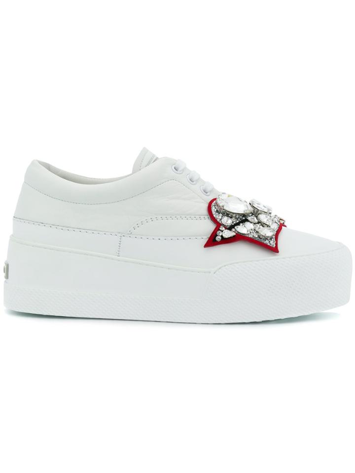 Miu Miu Crystal Embellished Heart Patch Sneakers - White