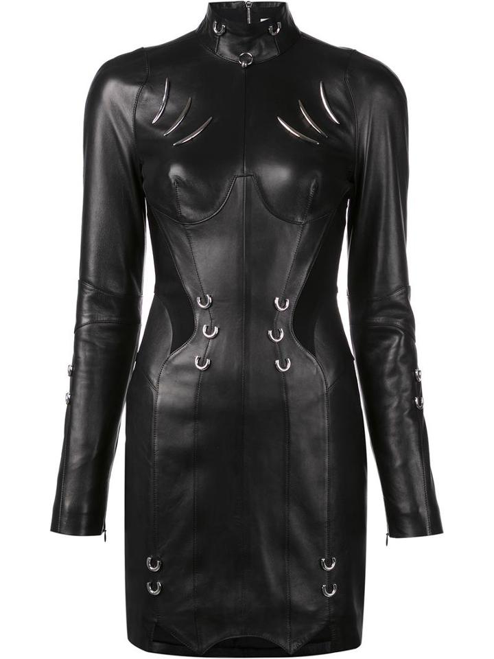 Mugler Turtleneck Fitted Dress, Women's, Size: 36, Black, Leather