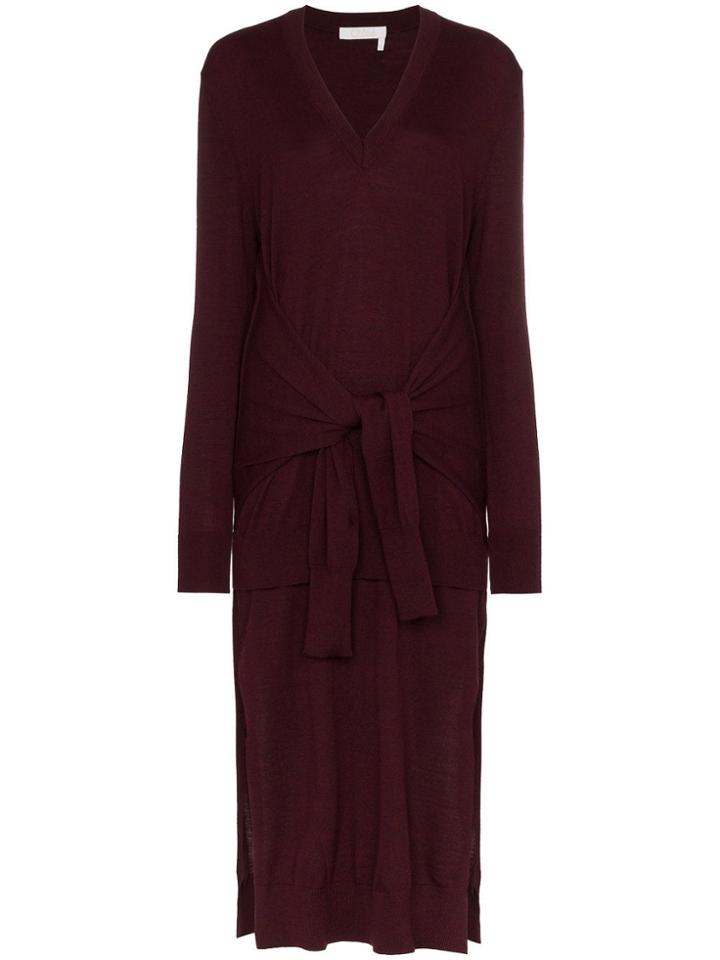 Chloé V-neck Knitted Waist Tie Wool Dress - Red