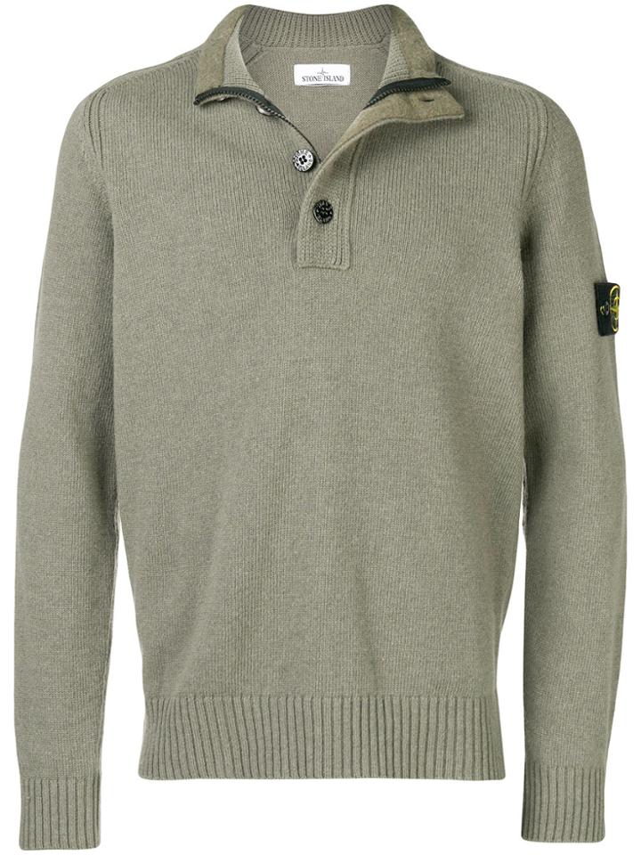 Stone Island Button Zip Placket Knitted Jumper - Green