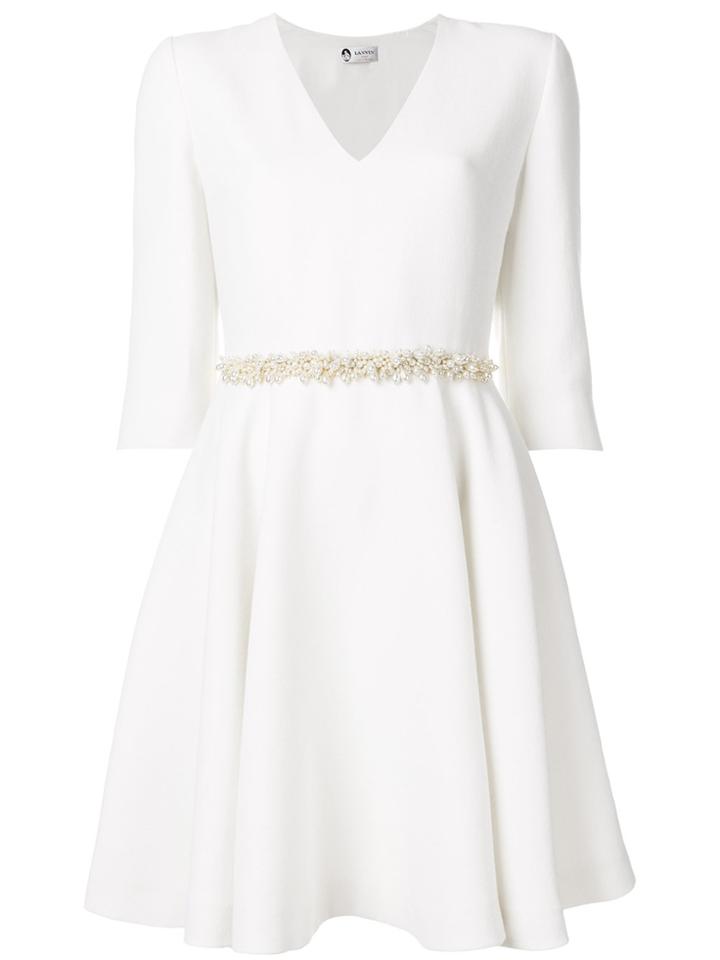 Lanvin Pearl Belted V-neck Dress - White