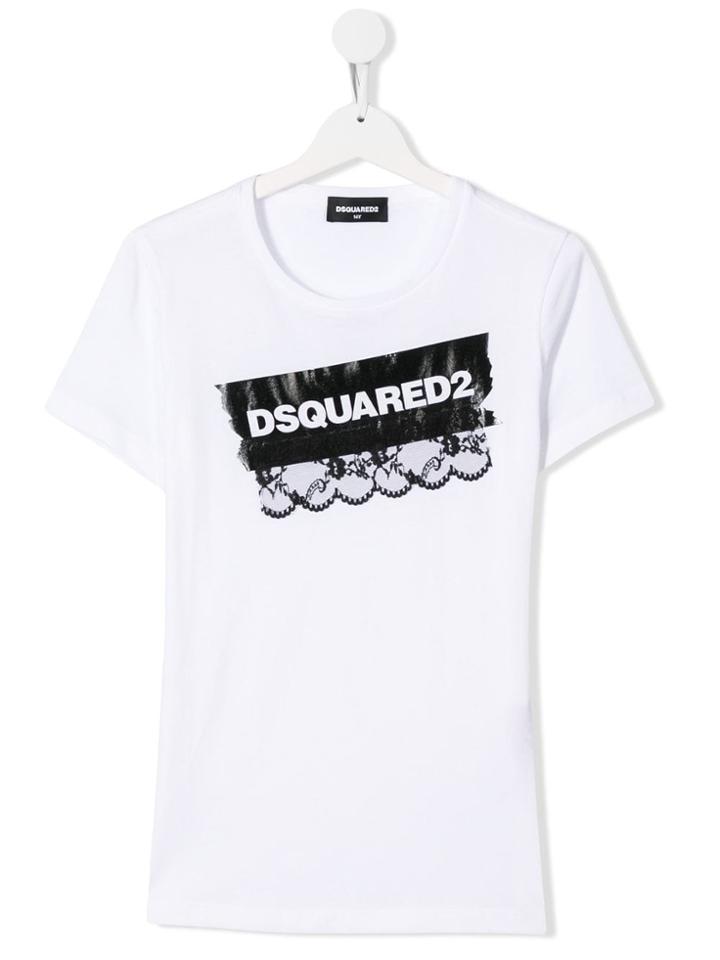 Dsquared2 Kids Logo T-shirt With Lace Appliqué - White
