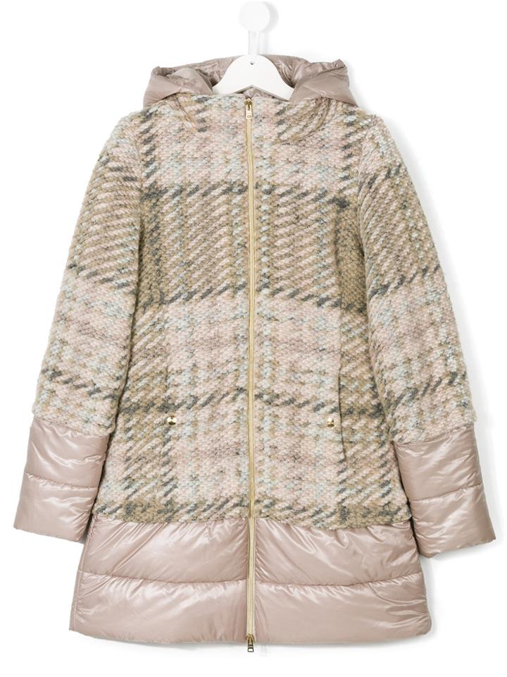 Herno Kids Hooded Padded Plaid Coat - Pink & Purple