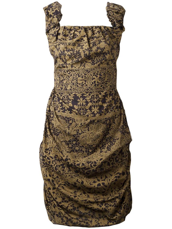 Vivienne Westwood - Lace Print Ruffled Shoulder Dress - Women - Silk/viscose - 44, Brown, Silk/viscose
