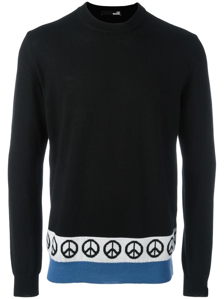 Love Moschino Peace Print Knit Sweater, Men's, Size: Large, Black, Virgin Wool