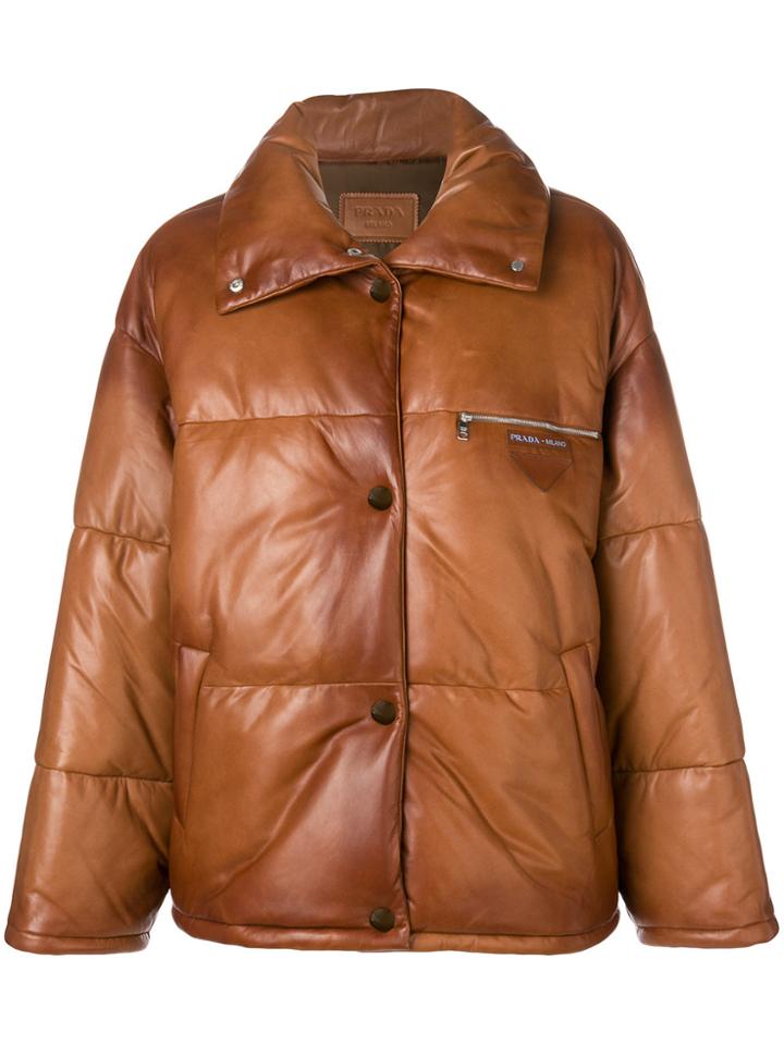 Prada Logo Embossed Puffer Jacket - Brown
