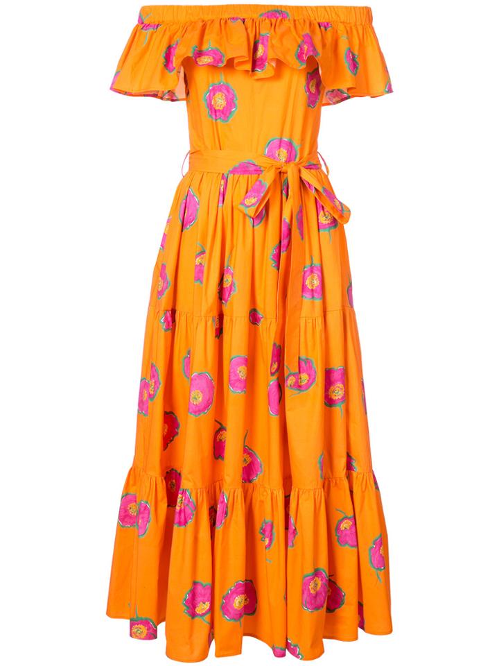 La Doublej Floral Ruffled Off The Shoulder Midi Dress - Yellow &