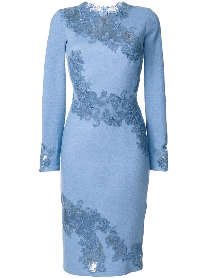 Ermanno Scervino Fitted Dress With Embroidered Floral Insets - Blue