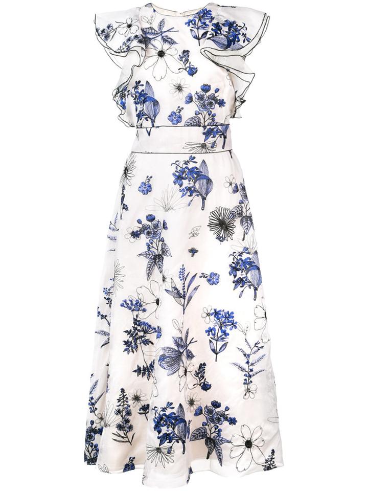 Lela Rose Floral Print Ruffle Dress - White