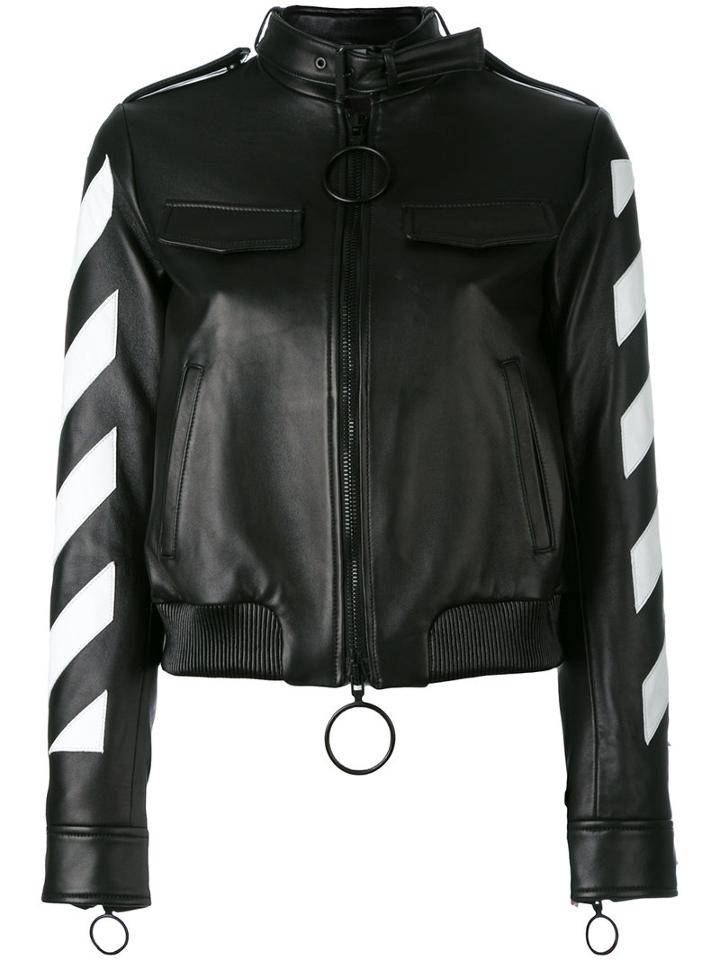 Off-white Cropped Bomber Jacket, Women's, Size: Medium, Black, Lamb Skin/viscose