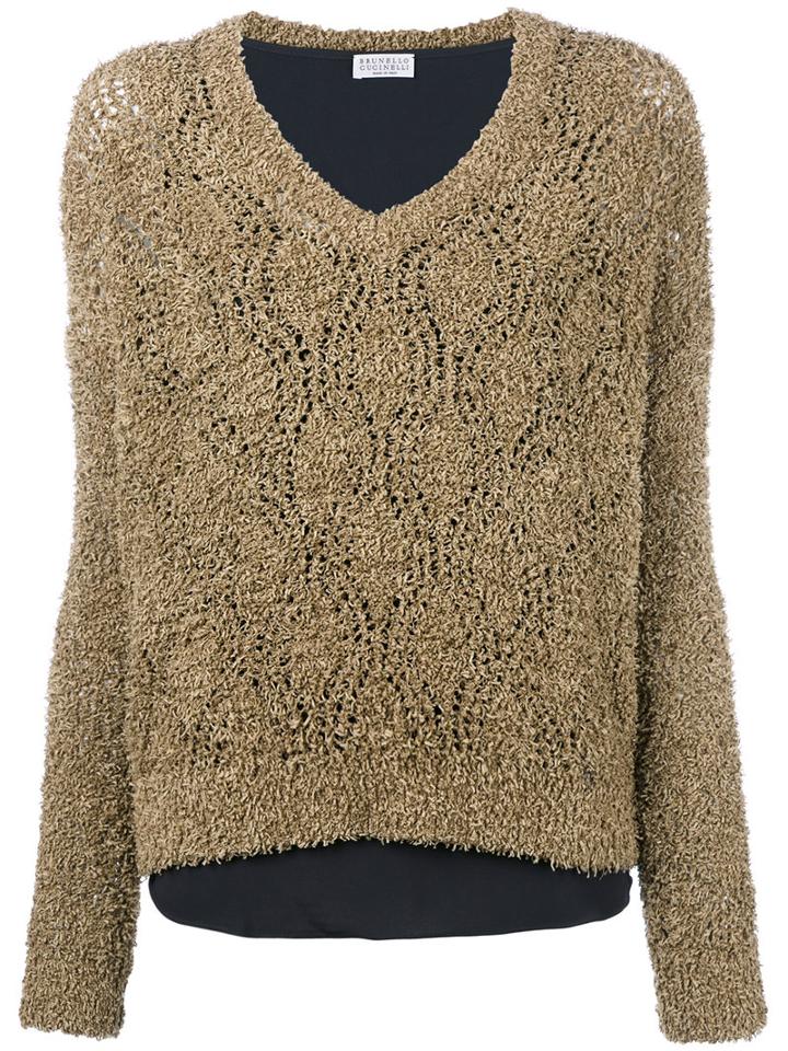 Brunello Cucinelli - V-neck Jumper - Women - Silk/cotton/polyamide/acetate - M, Women's, Nude/neutrals, Silk/cotton/polyamide/acetate