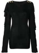 Balmain Ruffled Button Shoulder Blouse, Women's, Size: 36, Black, Viscose