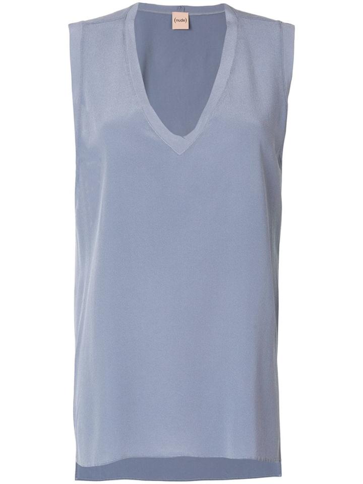 Nude Deep V-neck Top - Blue