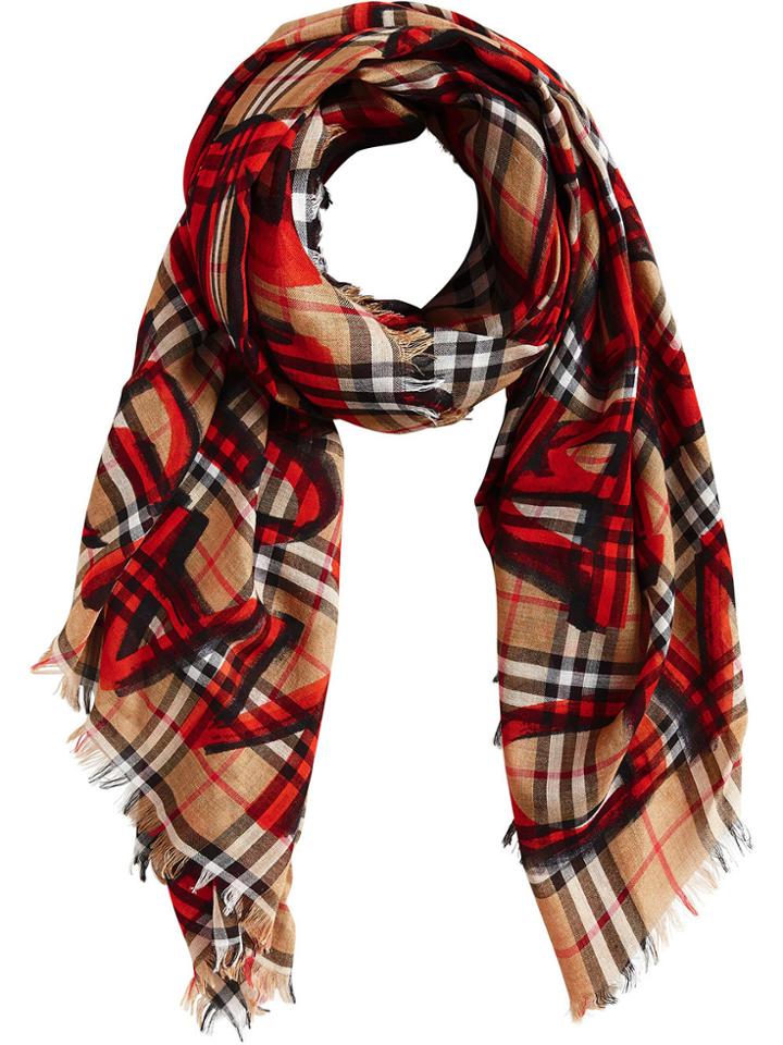 Burberry Graffiti Print Check Large Square Scarf - Brown