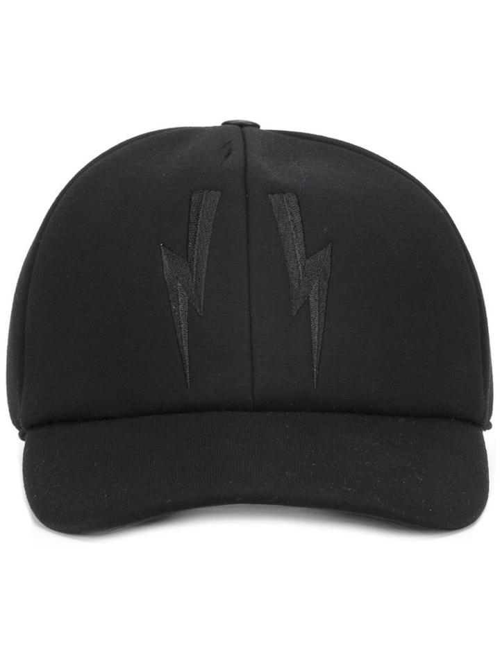 Neil Barrett Lightning Bolt Waterproof Baseball Cap, Men's, Black, Viscose/cotton/leather