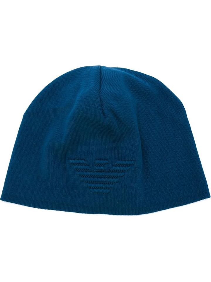 Emporio Armani Embroidered Logo Beanie, Men's, Size: Small, Blue, Cotton