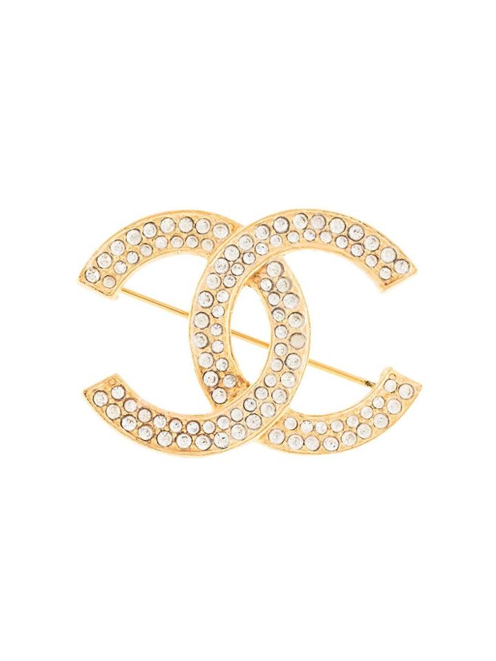 Chanel Pre-owned Rhinestone Embellished Interlocking Cc Brooch - Gold
