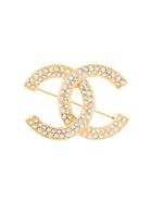 Chanel Pre-owned Rhinestone Embellished Interlocking Cc Brooch - Gold