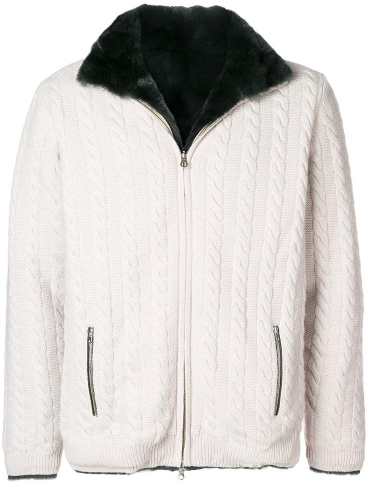 N.peal Fur Lined Cable Cardigan - Grey