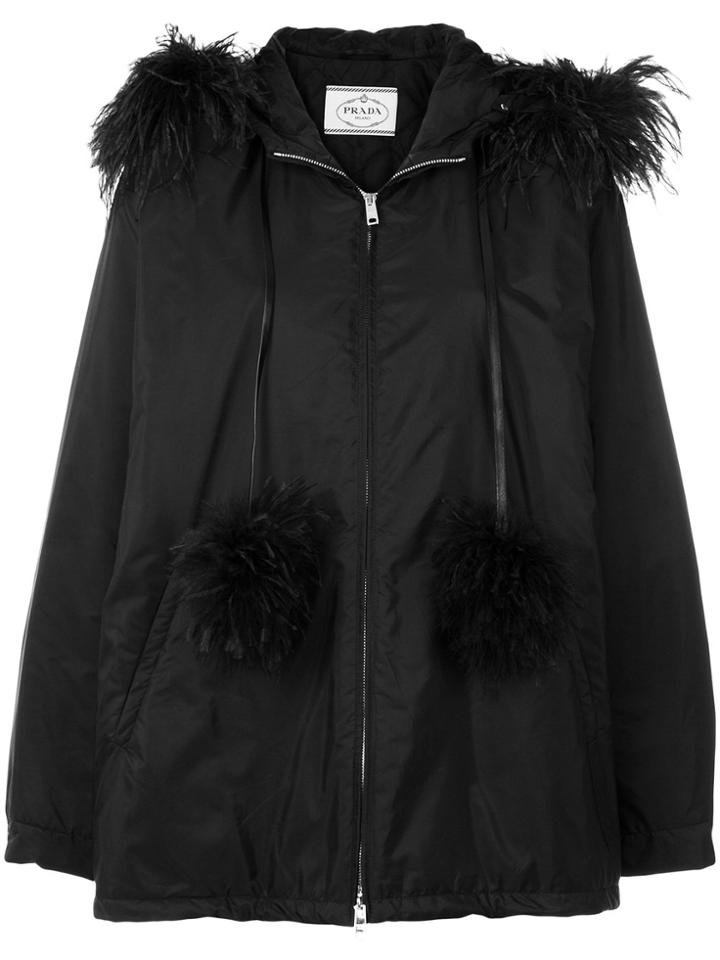 Prada Pom Pom Detail Coat - Black