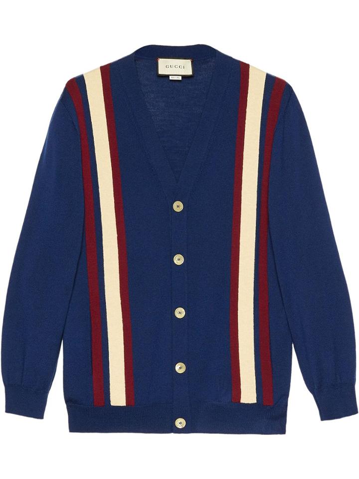 Gucci Cardigan In Lana Fine Con Nastro Web - Blue