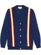 Gucci Cardigan In Lana Fine Con Nastro Web - Blue