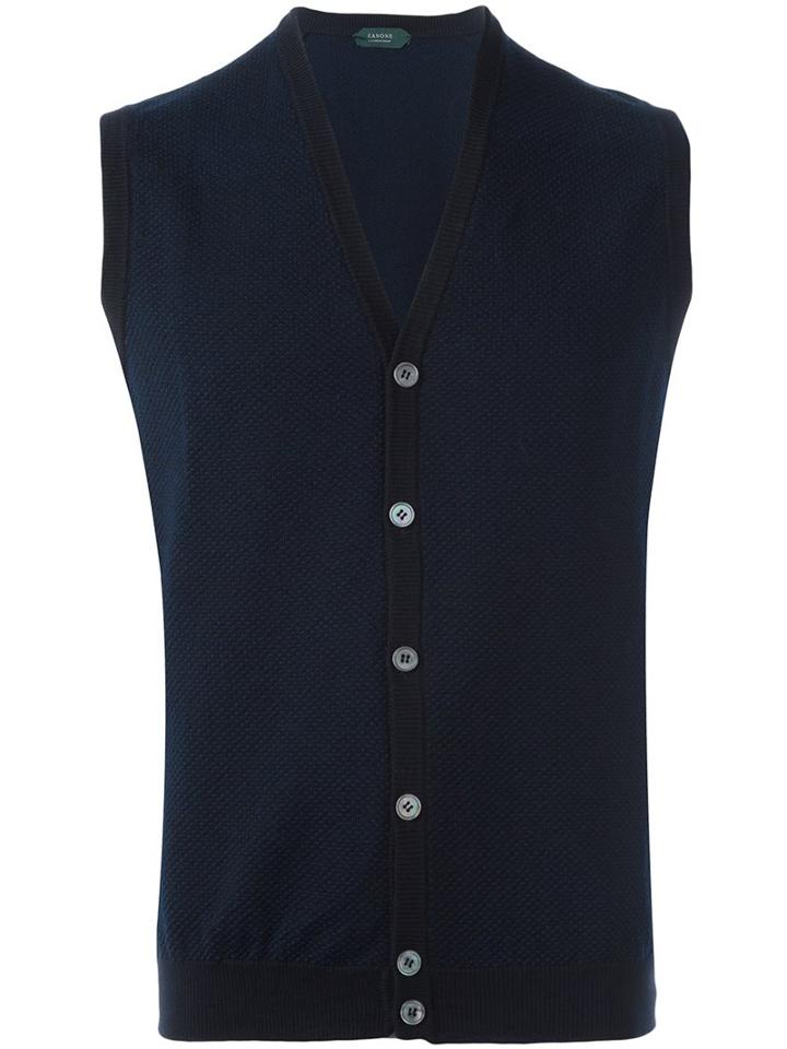 Zanone V-neck Knit Vest, Men's, Size: 48, Blue, Virgin Wool