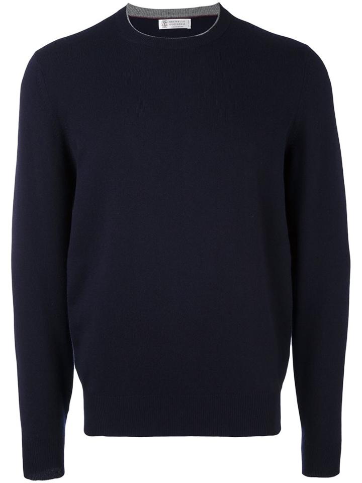 Brunello Cucinelli Crew Neck Pullover, Men's, Size: 52, Blue, Silk/cashmere/virgin Wool