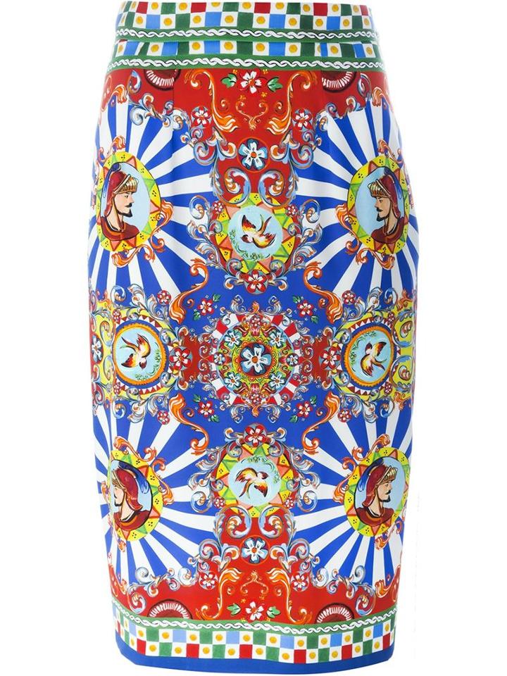 Dolce & Gabbana Carretto Siciliano Print Skirt, Women's, Size: 42, Silk/spandex/elastane