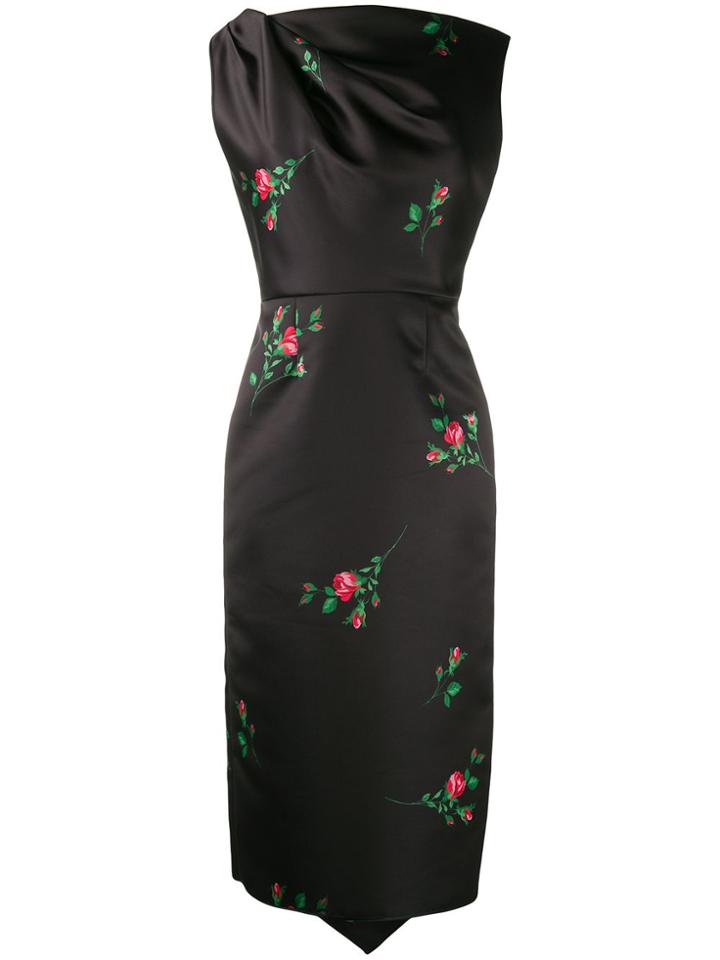 Rochas Rose Print Duchess Midi Dress - Black