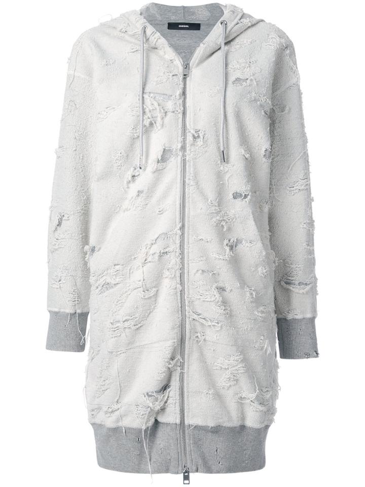 Diesel Distressed Longline Zipped Hoodie - Grey