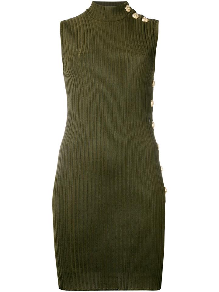 Balmain Ribbed Turtle Neck Dress, Women's, Size: 34, Green, Viscose