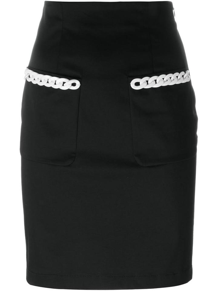 Love Moschino Chain Trim Pencil Skirt, Women's, Size: 40, Black, Cotton/polyamide/spandex/elastane
