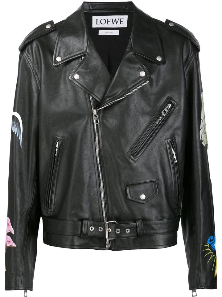 Loewe Printed Patches Biker Jacket, Men's, Size: 56, Black, Calf Leather/cotton/viscose/cupro