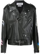 Loewe Printed Patches Biker Jacket, Men's, Size: 56, Black, Calf Leather/cotton/viscose/cupro