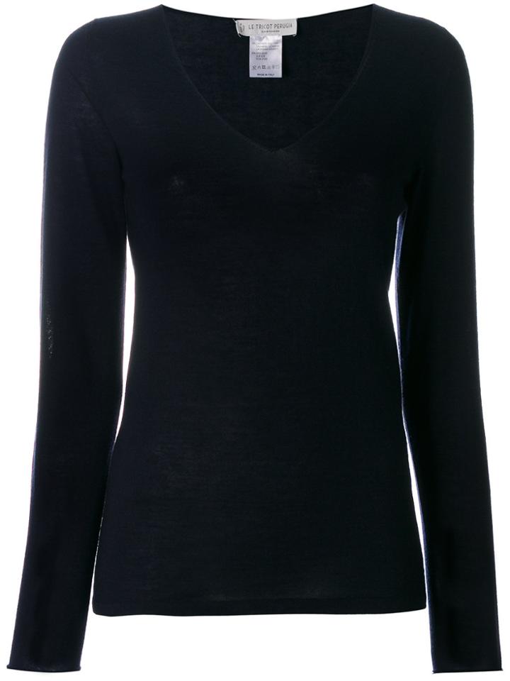 Le Tricot Perugia Long Sleeved V-neck Sweater - Blue