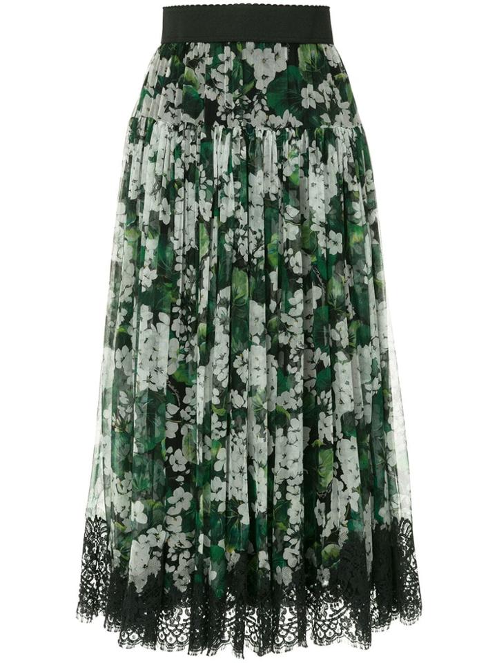 Dolce & Gabbana White Geranium Printed Pleated Skirt - Green