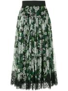 Dolce & Gabbana White Geranium Printed Pleated Skirt - Green
