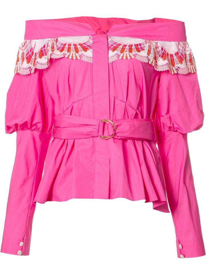 Peter Pilotto Embroidered Off Shoulder Top, Women's, Size: 14, Pink/purple, Cotton/polyester