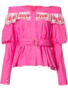 Peter Pilotto Embroidered Off Shoulder Top, Women's, Size: 14, Pink/purple, Cotton/polyester