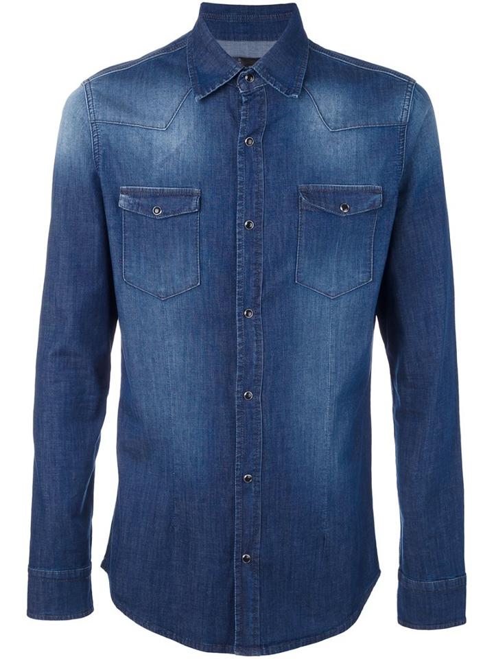 Daniele Alessandrini Button Down Denim Shirt, Men's, Size: Xl, Blue, Cotton/spandex/elastane/polyester