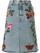 Gucci Embroidered Denim Skirt, Women's, Size: 38, Blue, Cotton