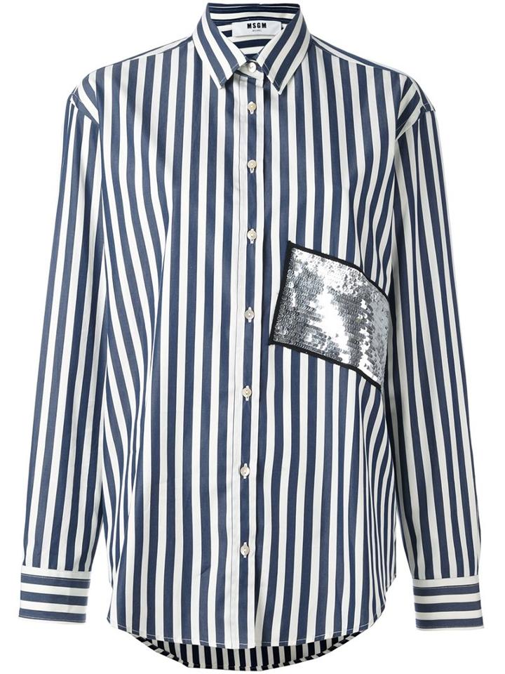 Msgm Sequin Striped Shirt, Women's, Size: 44, Blue, Cotton